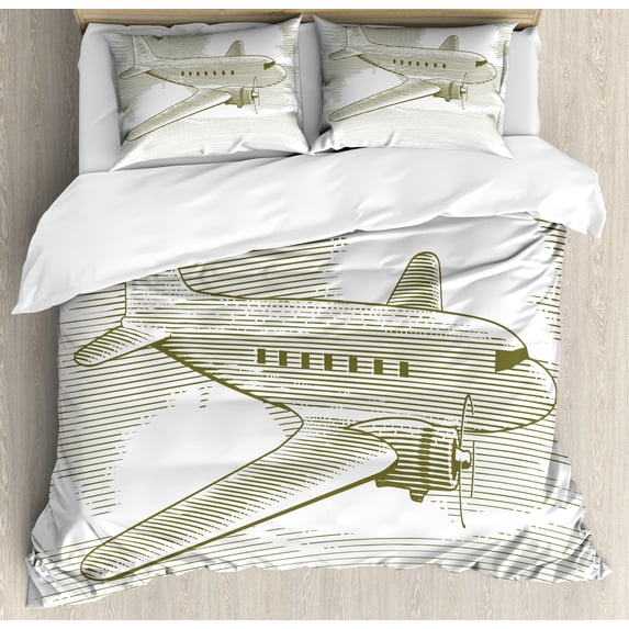 Airplane Duvet Cover Sets, Woodcut Style Inspired Vintage Transport Element in the Sky Through the Clouds, Bedding Set 2 Duvet Covers & 4 Pillowcases, 2 Pack Cal King Size, Fawn White, by Ambesonne