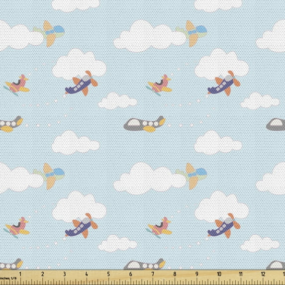 Ambesonne Airplane Fabric by the Yard Upholstery, Clouds and Planes Cartoon, 1 Yard, Pale Blue Multicolor