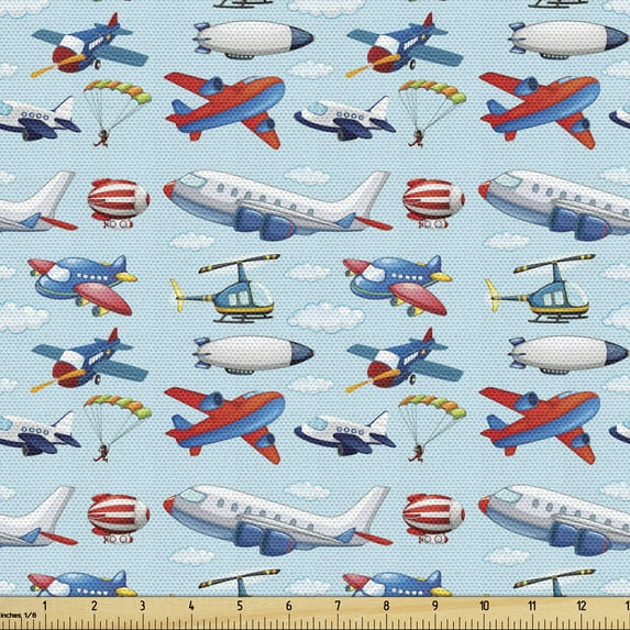 Airplane Fabric by the Yard, Different Types of Cartoon Aircraft Floating in Blue Sky with Sky Diving People, Decorative Upholstery Fabric for Chairs & Home Accents, 10 Yards, Multicolor by Ambesonne
