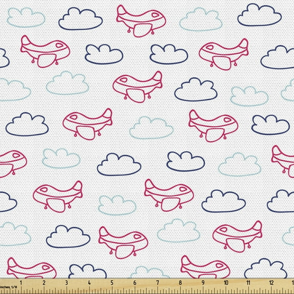 Ambesonne Airplane Fabric by the Yard Upholstery, Pink Airships, 10 Yards, Pale Blue Navy Blue