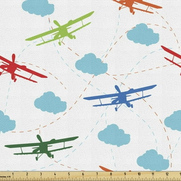 Ambesonne Airplane Fabric by the Yard Upholstery, Colorful Retro Travel, 2 Yards, Multicolor