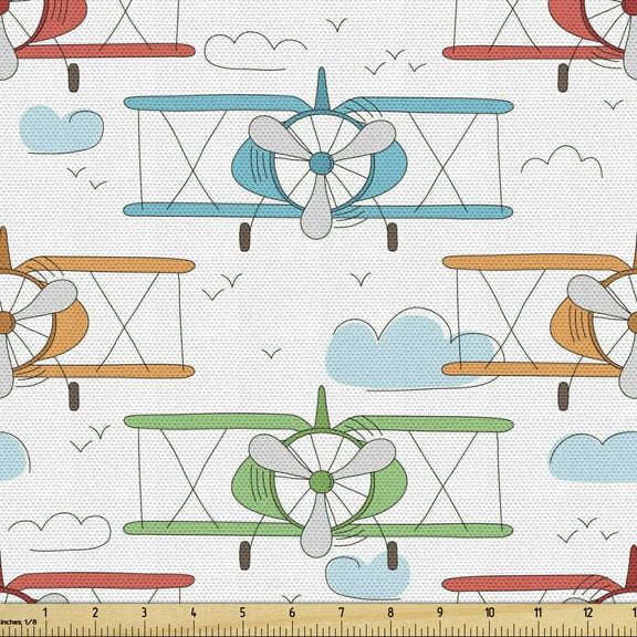 Ambesonne Airplane Fabric by the Yard Upholstery, Colorful Biplanes, 5 Yards, Multicolor