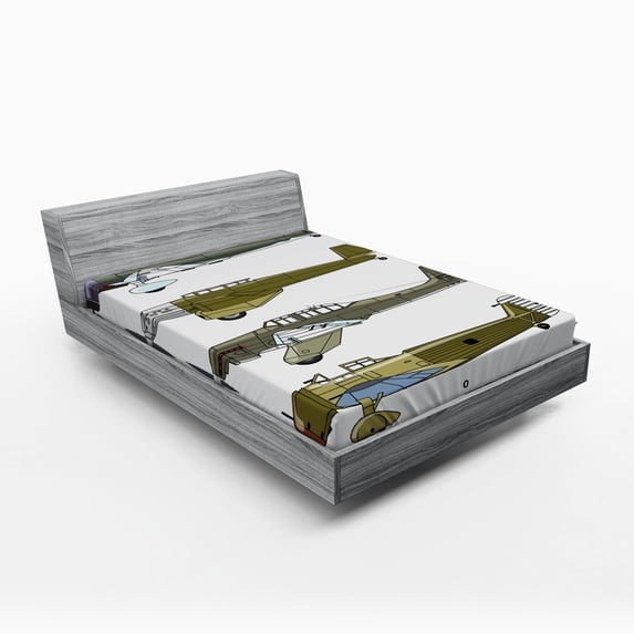 Airplane Fitted Sheet, Thirties Style Dive in Camouflage Colors Historical Airshow Planes Design, Soft Decorative Fabric Bedding, Queen Size, Green Grey White, by Ambesonne