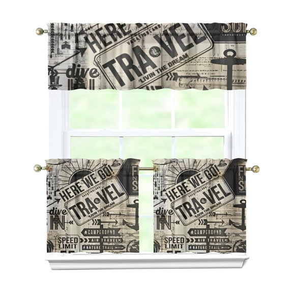 Airplane Flight Kitchen Curtains Set - Fashion Paris Vintage Style Tier & Valance Curtains with Girly Pink Beach Girl Travel Adventure Explore Journey Trip Vacation Window Drapes, Easy Install