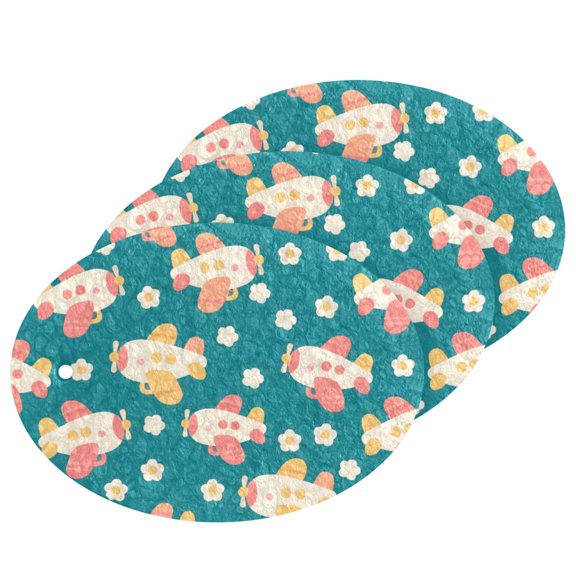 Airplane Flower Pattern Cellulose Cleaning Sponge Set 3 Pack Compressed Kitchen Scrubber for Dishes