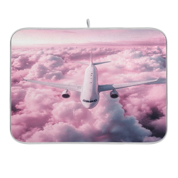 Airplane Fly above Pink Clouds Dish Drying Mat for Kitchen Counter 16x18 In Absorbent Microfiber Reversible Mats Dish Drainer Protector Rack Pad for Coffee Bar Table