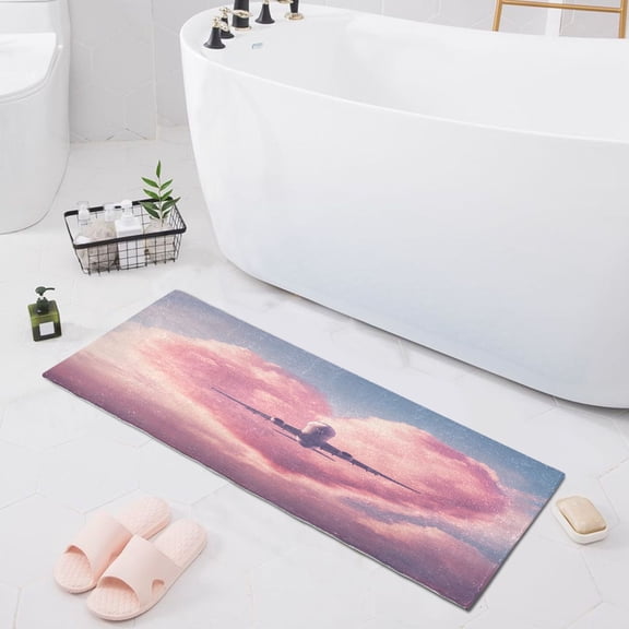 Airplane Fly Through Heart Cloud Bath Mat 39x20 Non-Slip Bathroom Rugs Absorbent Soft Plush Quick Dry for Tub Shower Kitchen Home Decor