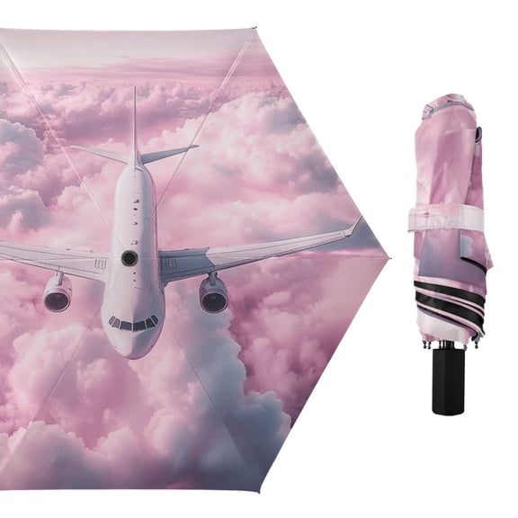 Airplane Fly above Pink Clouds Compact Sun Umbrella Windproof Travel Umbrellas for Rain Strong Portable UV Protection