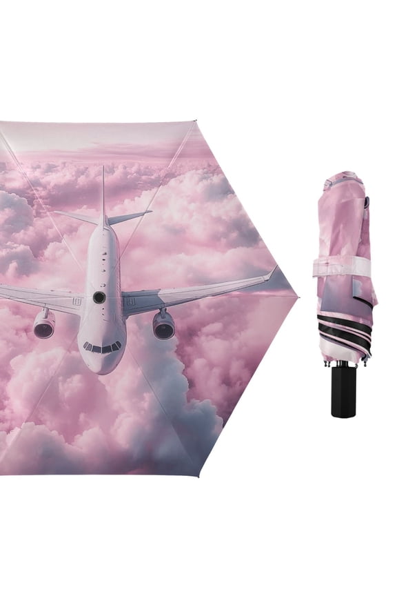 Airplane Fly above Pink Clouds Compact Sun Umbrella Windproof Travel Umbrellas for Rain Strong Portable UV Protection
