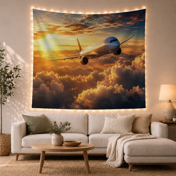Airplane Flying Above Golden Sunset Clouds, Adventurous Photographic Style for Aviation Fans, Travel Wall Decor, Going Away Gift, Tapestry Wall Hanging for Bedroom and Office