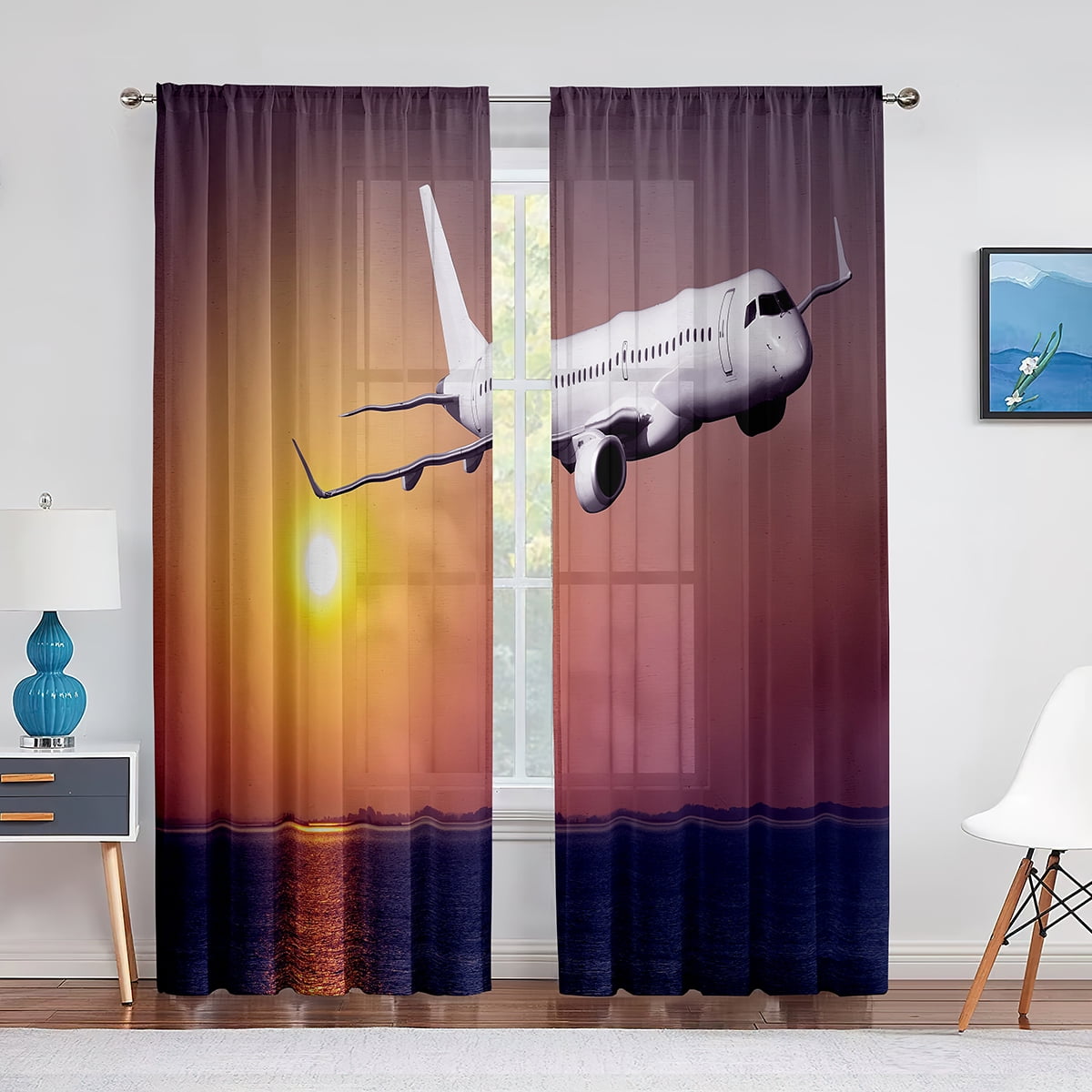 Airplane Flying Over The Sea Sunset Natural Sheer Curtains for Living