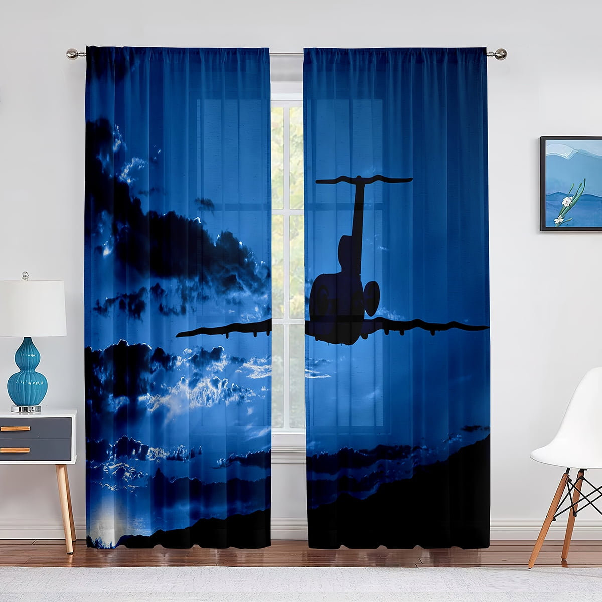 Airplane Flying Over The Sea Sunset Natural Sheer Curtains for Living ...