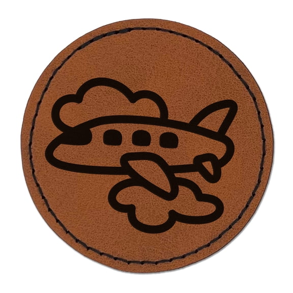 Airplane Flying Through Clouds Travel Trip 2.5" Faux Leather Round Engraved Iron-On Patch - Brown
