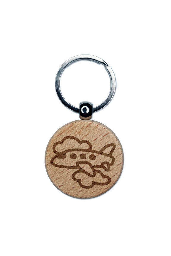 Airplane Flying Through Clouds Travel Trip Round Keychain Charm Tag - Engraved Wood