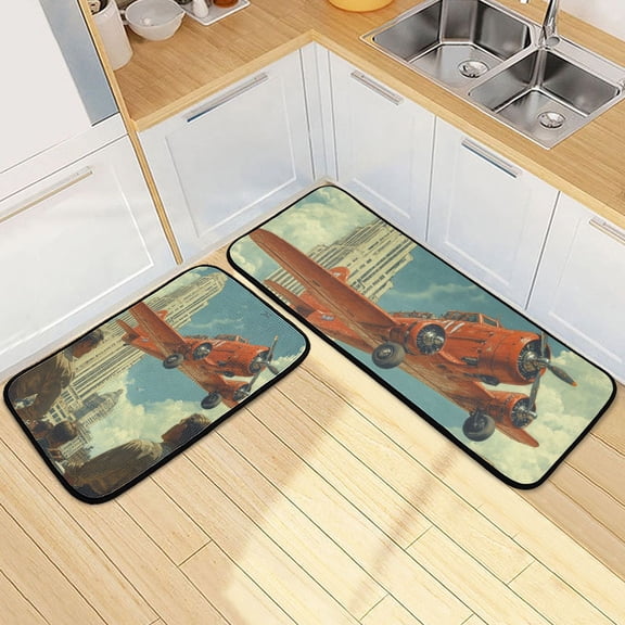Airplane Flying Vintage Kitchen Mat Set of 2 Cushioned Non Slip Rugs for Bedroom Floor Runner Mats