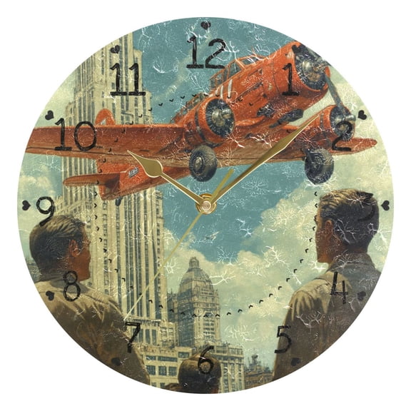 Airplane Flying Vintage Round Wall Clock Silent Battery Operated Home Decor for Living Room Bedroom
