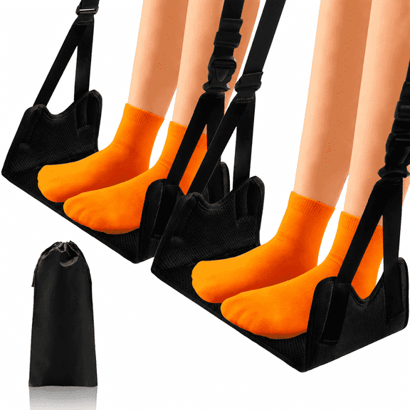 2 Pack Airplane Foot Rest - Adjustable Foot and Heel Hammock - Long Airplane Flight Accessories for Feet - Portable Air Plane Flying Travel Foot Rest - (Black 2pack)
