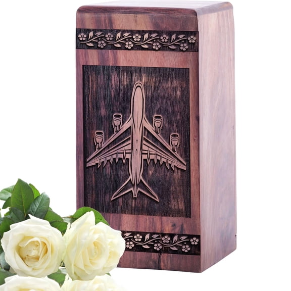 YATHABHISA Airplane Handcrafted Cremation Box, Large Memory Jar, Wooden Honor Keepsake, 10inch, Black Wood Keepsake Urn