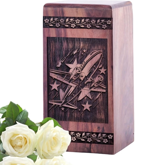 Airplane Handcrafted Funeral Urn, Large Memory Jar, Wooden Honor Keepsake, 10inch, Black Wood Keepsake Urn