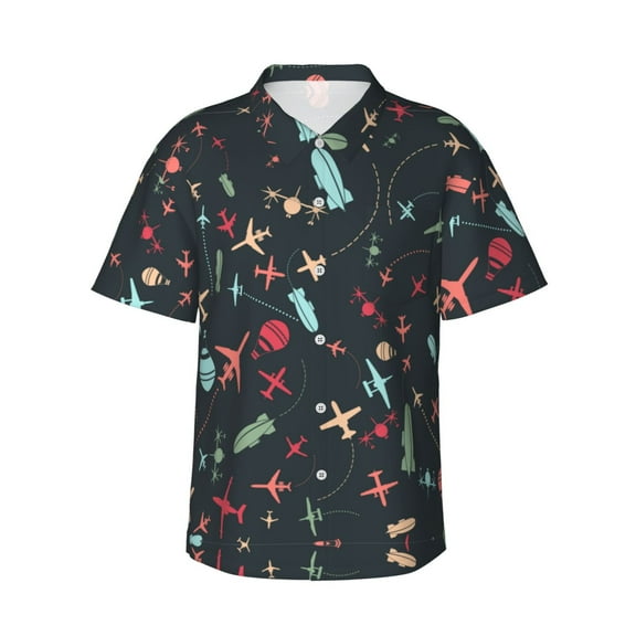 Airplane Hot Air Balloon Hawaiian Shirts For Men, Summer Short-Sleeve Relaxed-Fit Button-Down Shirts 3x-Large