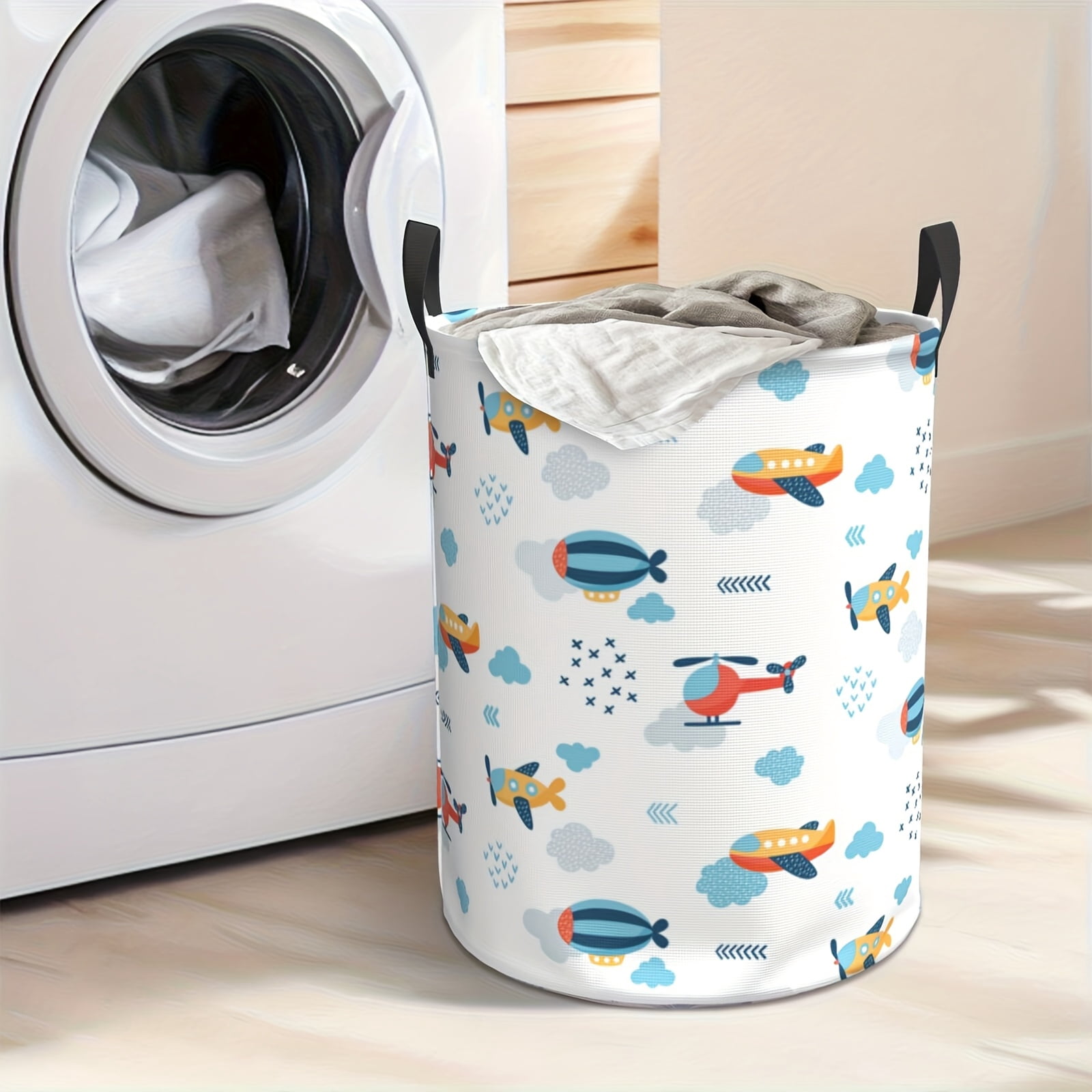 Airplane Hot Air Balloon Printed Storage Basket, Oversized Foldable Laundry Basket, Foldable and Handleable Round Laundry Basket, for Bedroom/bathroom Toys, Laundry Basket