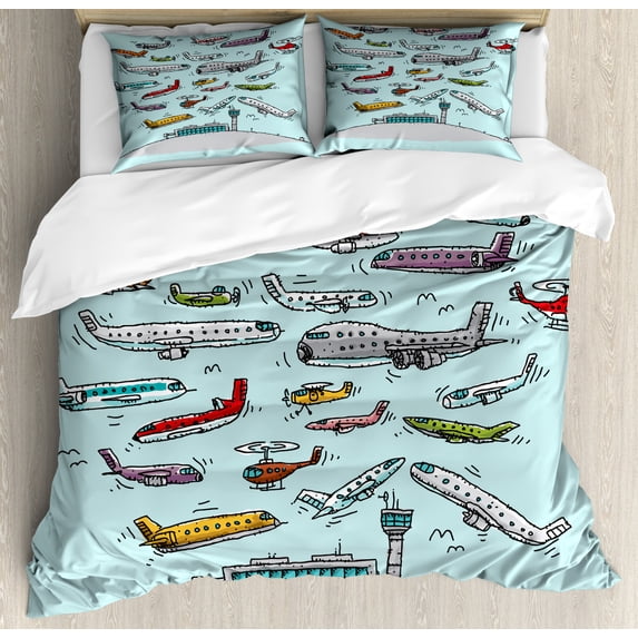 Airplane King Size Duvet Cover Set, Planes Fying in Air Aviation Love Airport Helicopters and Jets Cartoon Style Print, Decorative 3 Piece Bedding Set with 2 Pillow Shams, Multicolor, by Ambesonne