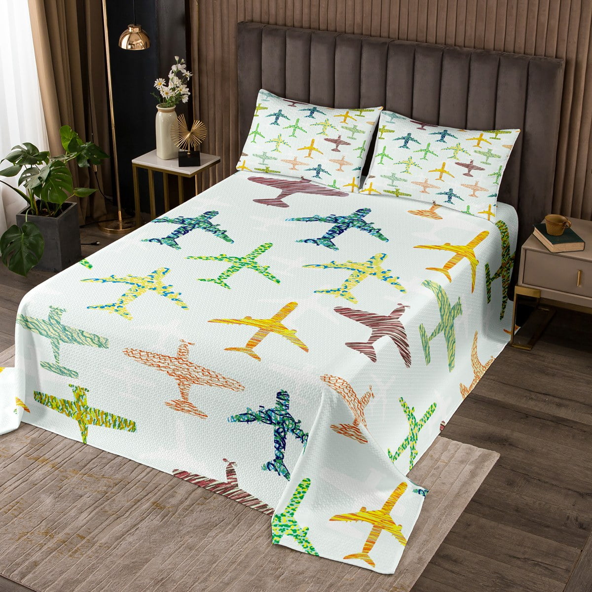 Airplane Pattern Print Bed Set Quilt
