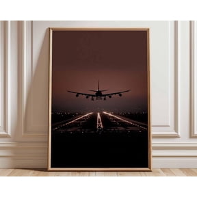 Airplane Landing Aviation Aircraft Runway Night Flight Wall Art, Unframed Paper Poster 8x10in