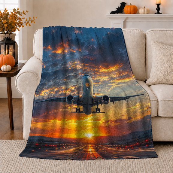 Airplane Landing over Golden Sunset Runway, Dramatic Aviation Style for Flight Lovers, Airport Approach Scene and Father's Day Gift, Warm Flannel Blanket for Office and Dorm, Home Decor