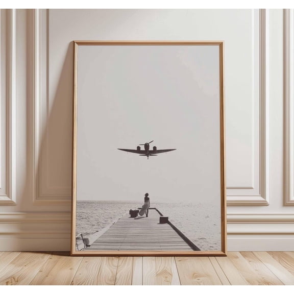 Airplane Landing Poster Black and White Aviation Travel Pilot Gift, Unframed Poster