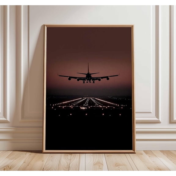 Airplane Landing Wall Art, Aviation Wall Art, Aircraft Runway Print, Pilot Gift, Travel Decor, Night Flight Airplane Photography Canvas Print