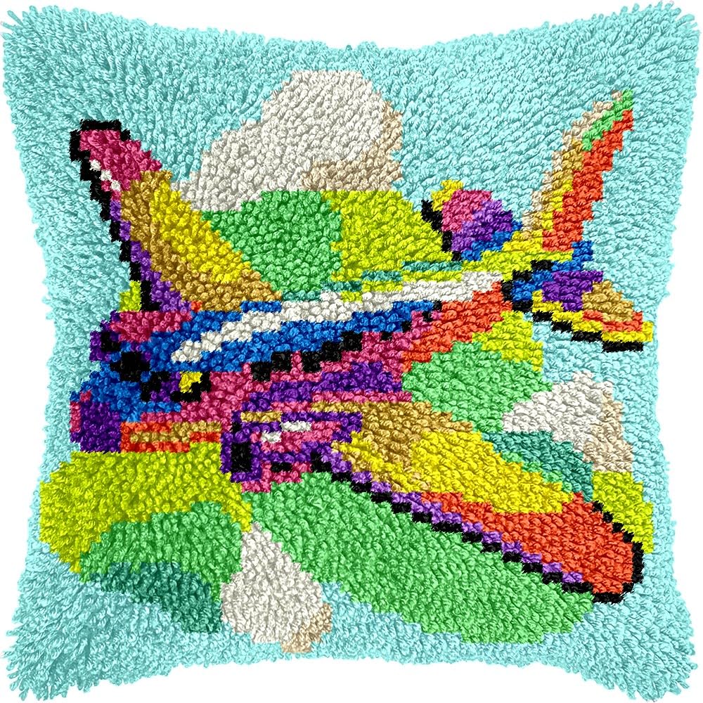 Airplane Latch Hook Pillow Kits for DIY Handmade Throw Pillow Cushion Embroidery Latch Hooking Pillowcase Kits with Preprinted Canvas Crochet Yarn Kits 17''X 17''(g163)