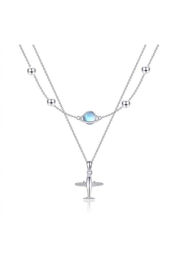 Airplane Necklace 925 Sterling Silver Moonstone Space Pendant Airplane Jewelry for Women