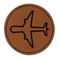 thumbnail image 1 of Airplane Outline 2.5" Faux Leather Round Engraved Iron-On Patch - Brown, 1 of 6