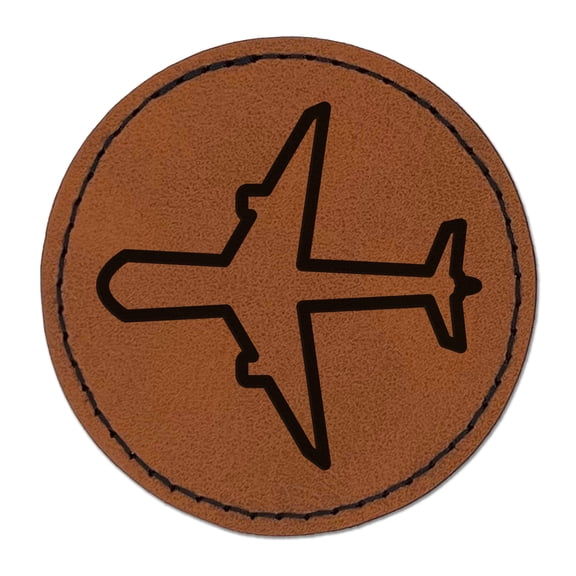 Airplane Outline 2.5" Faux Leather Round Engraved Iron-On Patch - Brown