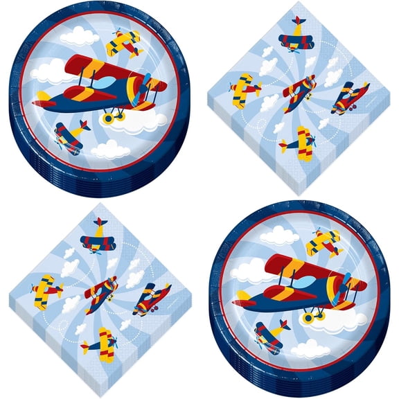 Airplane Party Supplies - Sky Flyer Round Paper Dessert Plates and Beverage Napkins (16 Plates & Napkins)