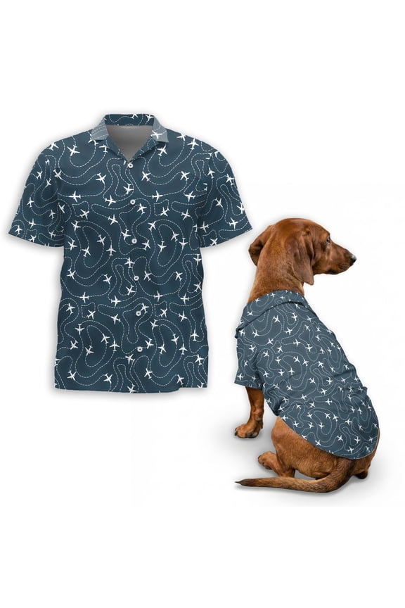 Airplane Pattern Hawaiian Shirt, Aviation Travel Plane Print Button Down Shirt for Adults or Dogs, Cuban Collar, Short Sleeve Polyester Summer Shirt