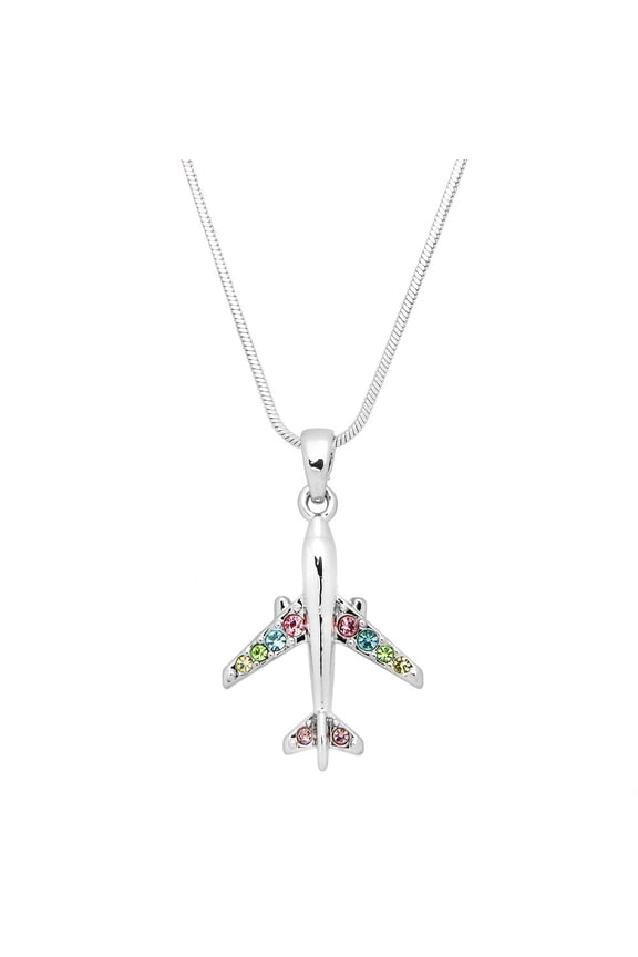 Airplane Pendant Necklace Multicolor Rhinestone Crystal Rhodium Plated 17 Inch Snake Chain J0566-MT