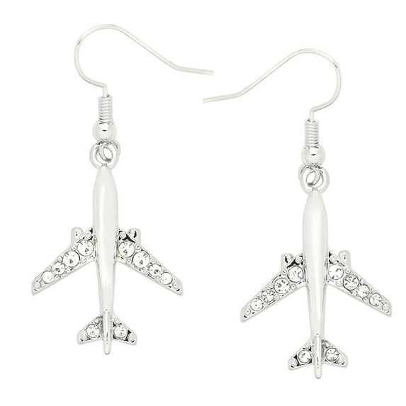 Airplane Pendant Necklace or Earring Aircraft Rhinestone Crystal Rhodium Plated 17 Inch Snake Chain E0761-CR