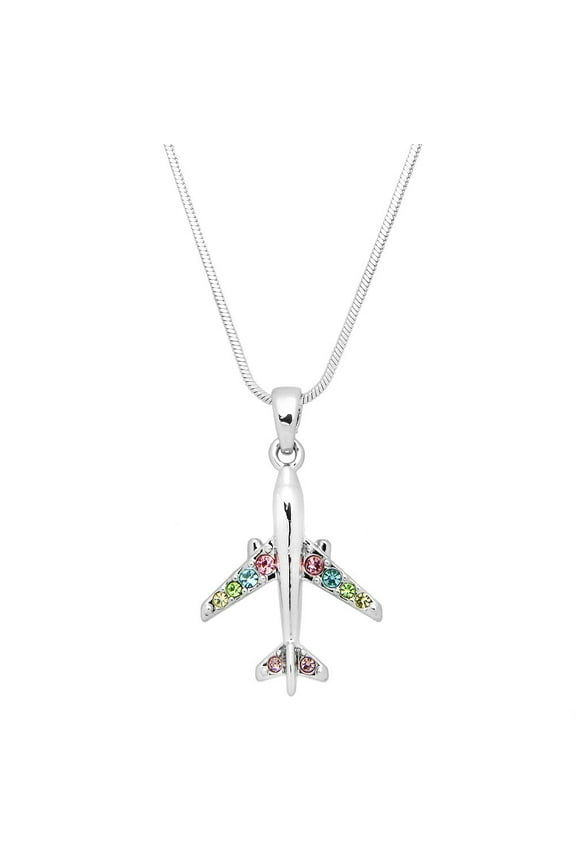 Airplane Pendant Necklace or Earring Aircraft Rhinestone Crystal Rhodium Plated 17 Inch Snake Chain J0566-CR