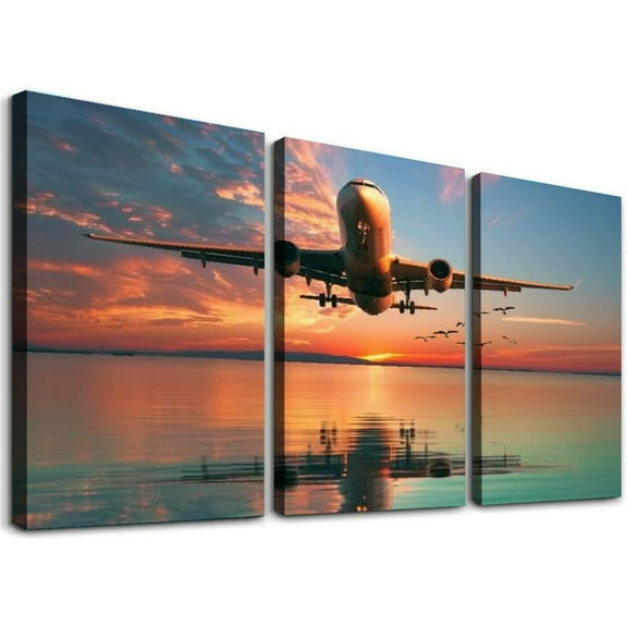 Airplane Pictures Wall Art Landscape Sunset Airplane Canvas Print Wall Art Picture Modern Home Decor Canvas Painting Wall Art Poster for Bedroom Living Room Decor
