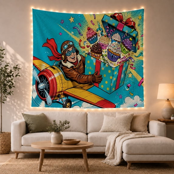 Airplane Pilot Flying Among Cupcakes and Clouds, Playful Illustration for Aviation Fans, Sweet Flight Decor, Birthday Gift, Tapestry Wall Hanging for Bedroom, Studio and Dorm