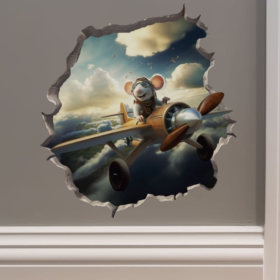 Airplane Pilot Mouse in a Flying from a Mouse Hole Decal - Mouse Hole 3D Wall Sticker