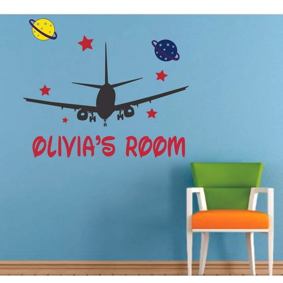 Airplane Planets Travel Planet Cartoon Customized Wall Decal - Custom Vinyl Wall Art - Personalized Name - Baby Girls Boys Kids Bedroom Wall Decal Room Decor Wall Stickers Decoration Size (27x30 inch)