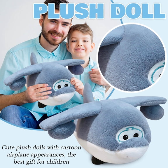 Airplane Plush Toy Stuffed Aircraft Doll Cute Cartoon Plane Soft Aviation Pillow for Kids Toddlers Boys Girls Cuddly Travel Themed Room Decor Blue Grey
