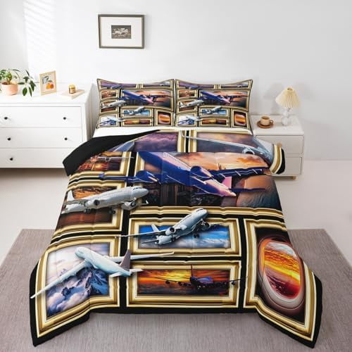 Airplane Queen Comforter Set for Kids Teens Adults,Aircraft Aviation Bedding Set,Transportation Down Comforter Bedroom Decor,Patchwork Bed Set