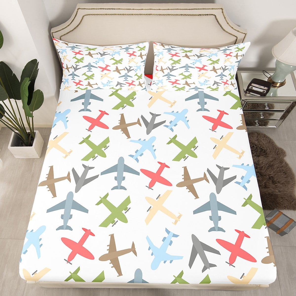 Airplane Queen Size Bedding Set for Kids Cartoon Aircraft Print Fitted ...