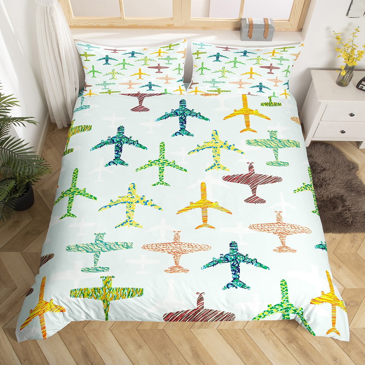 Airplane Queen Size Bedding Set for Kids Teens Girls,Abstract Aircraft Print Duvet Cover Cartoon