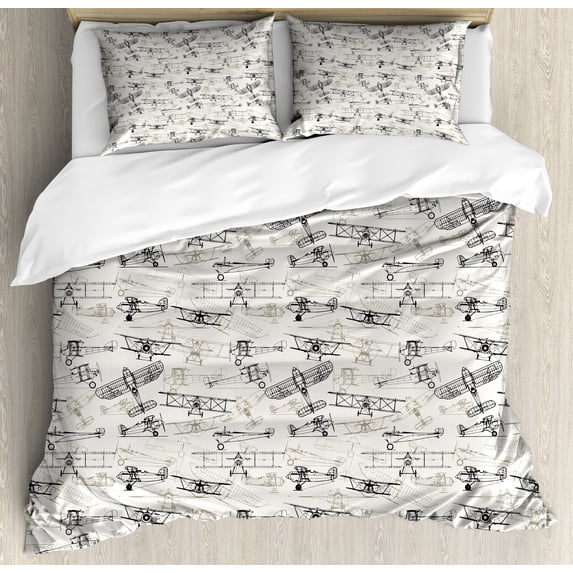 Airplane Queen Size Duvet Cover Set, Old Fashioned Military Air Force Collection Hand Drawn Style Vintage Warbirds, Decorative 3 Piece Bedding Set with 2 Pillow Shams, Beige Black, by Ambesonne