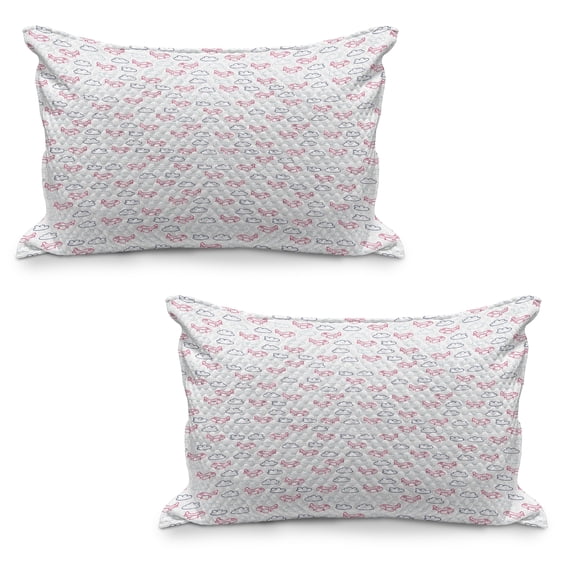 Airplane Quilted Pillowcover Set of 2, Pink Airships with Clouds in Blue Tones Doodle Journey, Standard Queen Size Pillow Cover for Bedroom, 30" x 20", Pale Blue Navy Blue, by Ambesonne